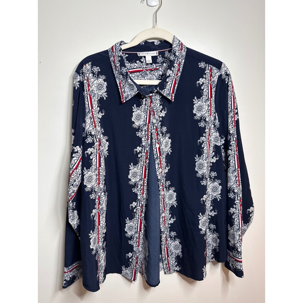 Tommy Hilfiger Navy Blue Floral Striped Button Down Blouse T9LMH032 Size L